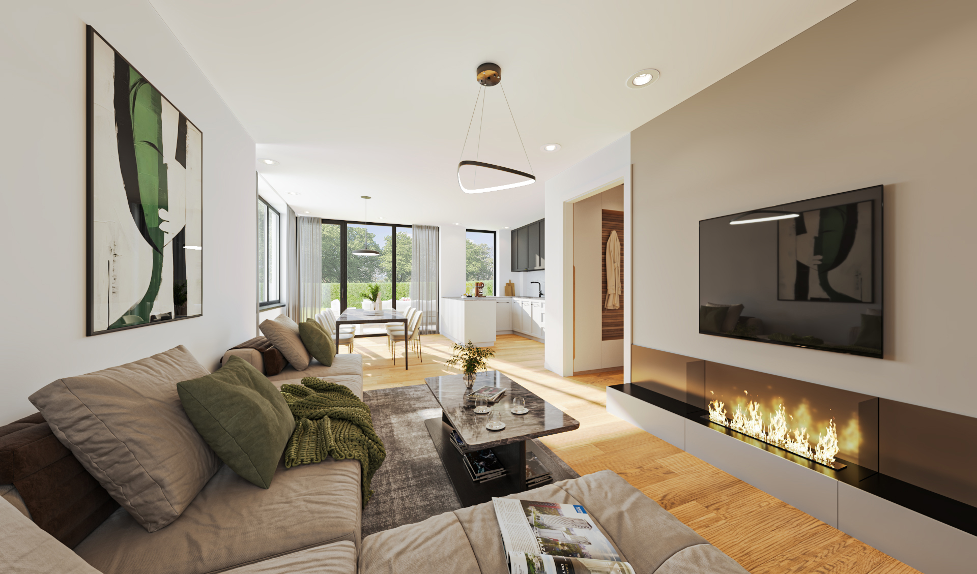 Fotorealistische 3D-Visualisierung eines offenen, modernen Wohn- und Essbereichs mit integrierter Küche: Das hochwertige virtuelle Home Staging präsentiert im Vordergrund ein stilvolles Wohnzimmer mit einem großzügigen Ecksofa, eleganten grünen Farbakzenten und einem modernen, in die Wand integrierten Kamin unter dem Flat-Screen-TV. Ein warmer Holzfußboden führt fließend zum Essplatz an der großen, hellen Fensterfront und zur offenen Küche im Hintergrund.